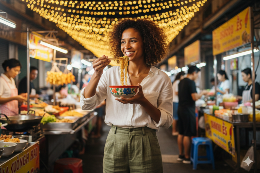 Solo traveler eating street food at night market in Chiang Mai
