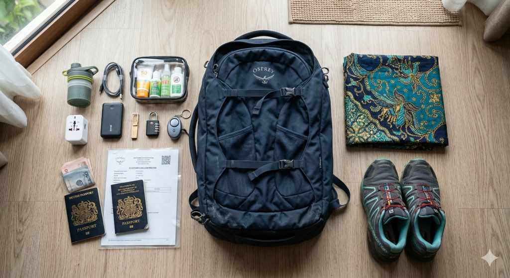 Solo female travel packing list for Asia including 40L backpack and essential travel gear