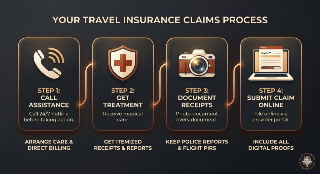 Four-step travel insurance claims process: call assistance, get treatment, document receipts, submit claim online