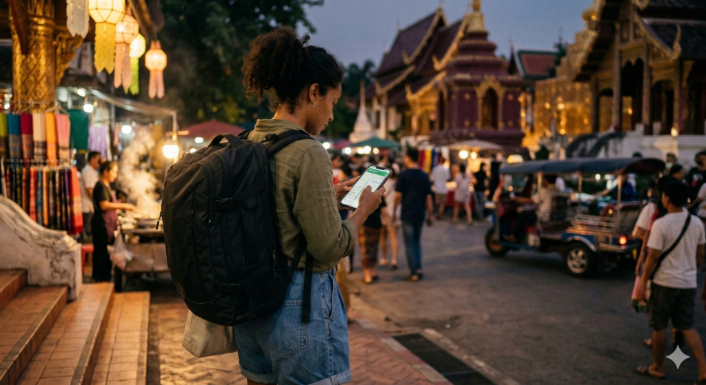 A solo female traveler consulting her phone at a Kyoto market, planning her route