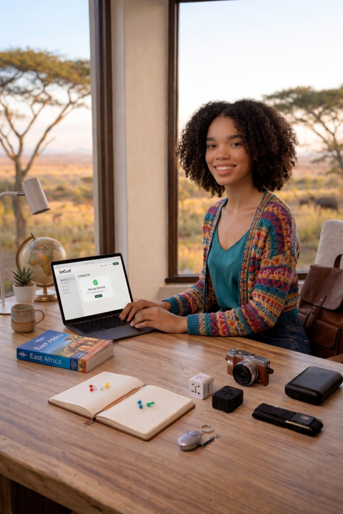 A solo female traveler smiling while working on a laptop in an office overlooking a savanna with elephants in Kenya. The desk is organized with travel planning tools.