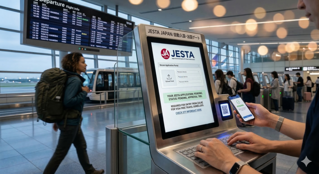 An atmospheric photo of a digital kiosk screen at Japanese border control displaying 'JESTA Status: Pending, Approval TBD', showing a hand holding a navy blue passport and a smartphone, highlighting the transition to pre-authorization.