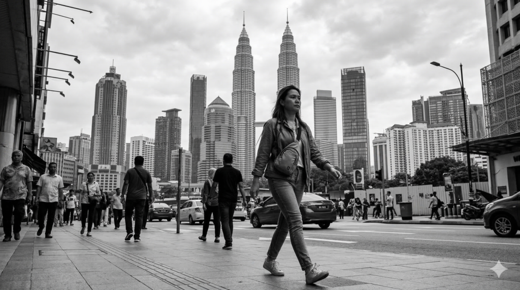 A woman wearing a crossbody bag across her chest while walking in Kuala Lumpur