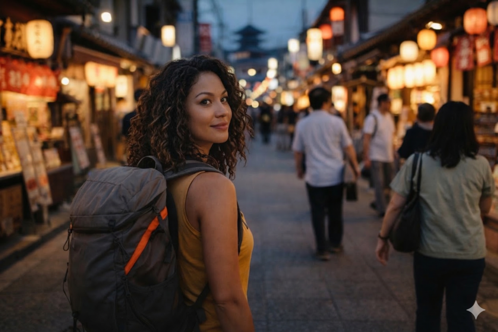 Solo female traveler with backpack walking through a busy Kyoto street market at dusk.