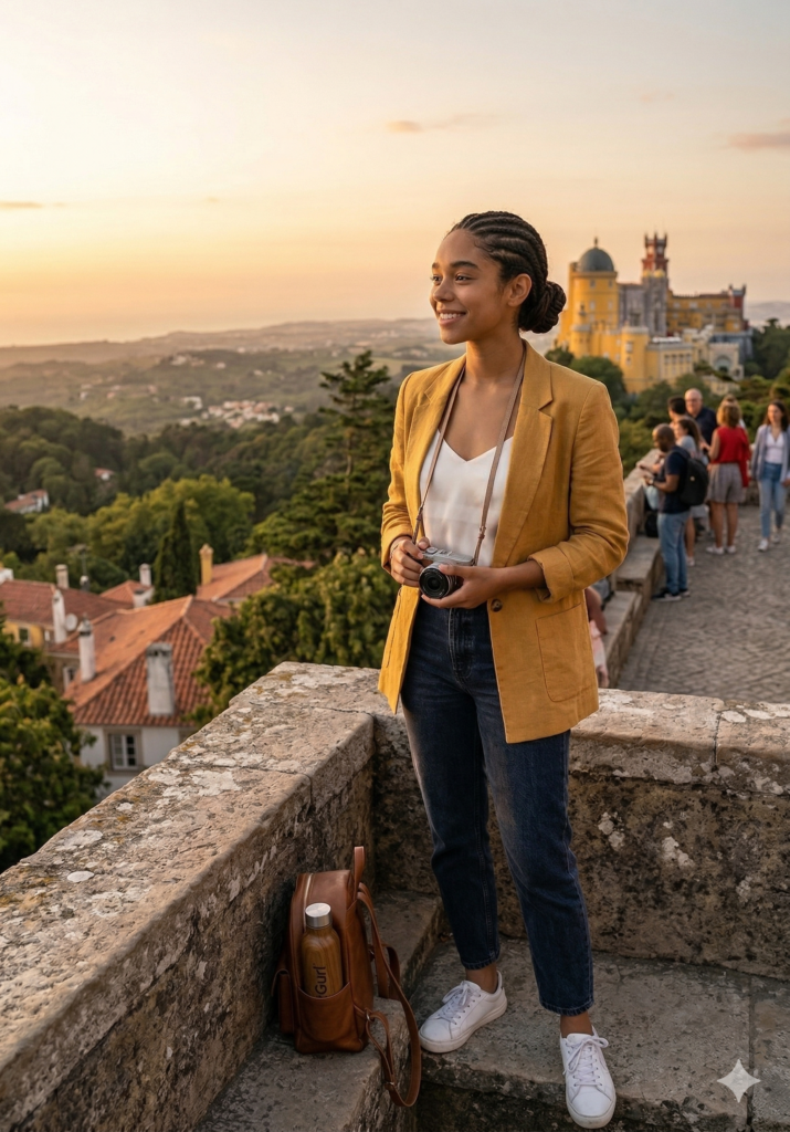Solo female traveler, standing at a viewpoint overlooking the Pena Palace in Sintra, Portugal at sunset. She is holding a camera, representing the expert logistics and authentic, firsthand experience provided in JetGurl’s European travel guides."