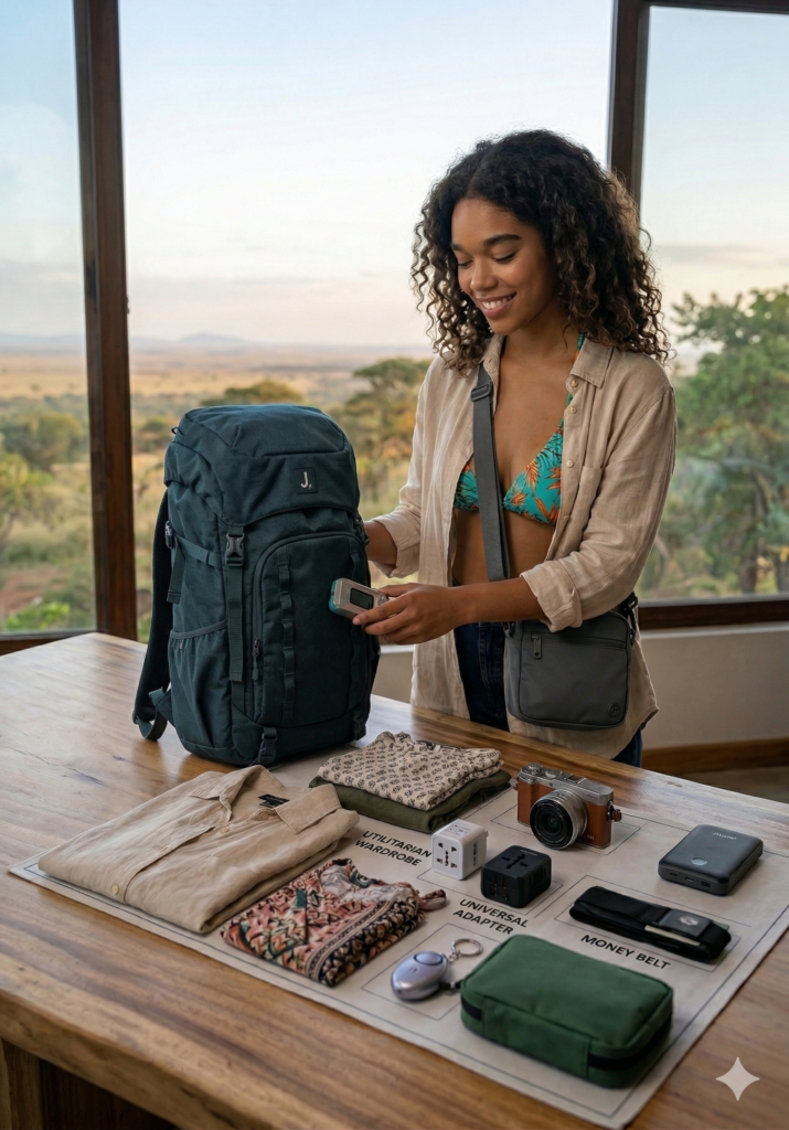 A solo female traveler organizing her gear for a trip. On a wooden table sits a 40L teal backpack, a minimalist utilitarian wardrobe, and a mirrorless camera. Essential solo travel safety gear is displayed, including a personal safety alarm, a universal travel adapter, a slim money belt, and a high-capacity power bank.