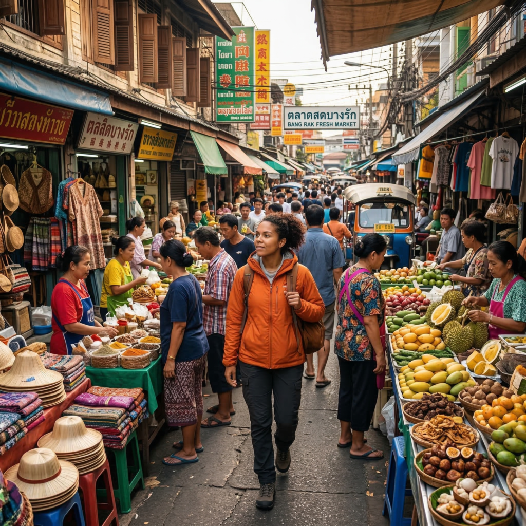 Solo female traveler navigating a busy street market in Southeast Asia with confidence