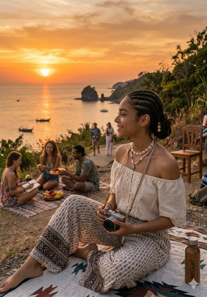 A solo female traveler with braided hair sitting on a blanket during a sunset in Phuket, Thailand. She is holding a camera and smiling, surrounded by other travelers, representing the JetGurl mission of confident, independent travel in Asia.