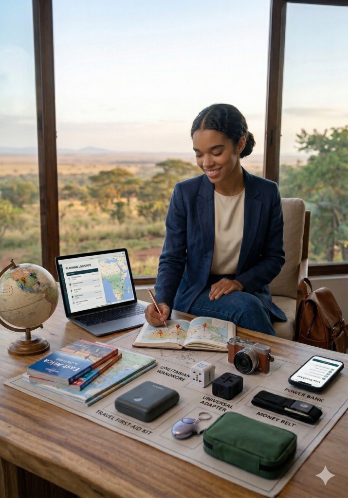 A solo female traveler sits at a desk planning an itinerary for Africa. Her workspace features a laptop with a digital map, a physical travel journal with map pins, a vintage-style camera, and essential gear like a universal adapter and power bank.