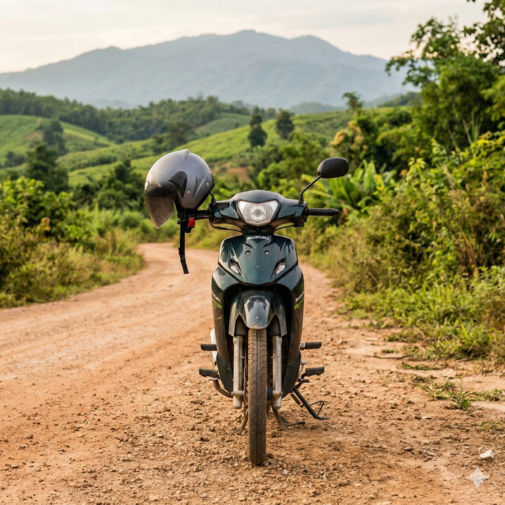Motorbike parked on a rural road in Pai, northern Thailand — scooter rental is common but requires specific travel insurance add-ons