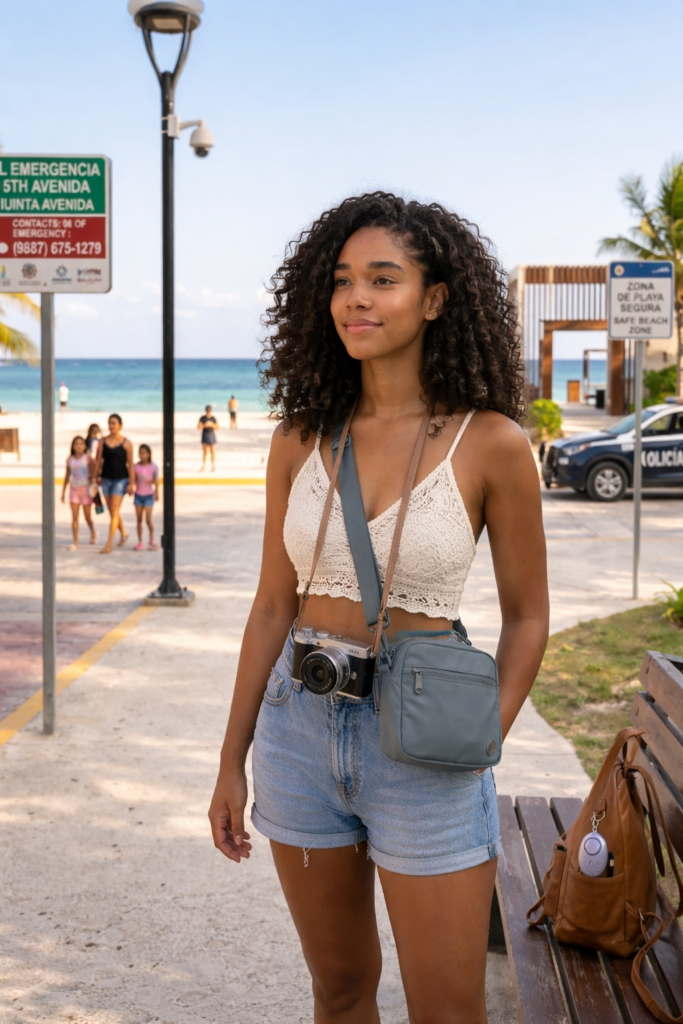 A solo female traveler standing on the oceanfront malecon in Playa del Carmen, Mexico. A grey crossbody anti-theft bag is secure across her shoulder. In the background, there is a prominent 'Zona de Playa Segura' / 'Safe Beach Zone' sign and a distinct local police vehicle, emphasizing proactive travel safety measures for women. An official emergency contact sign on a lamp post is also visible.