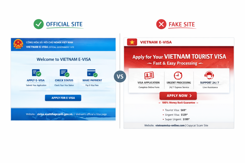 Side-by-side comparison of Vietnam's official government e-visa website and a copycat scam site