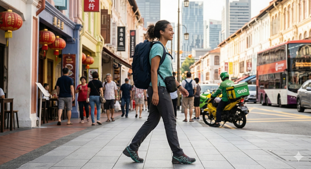 solo female traveler walking with a 40L carry-on backpack in Singapore