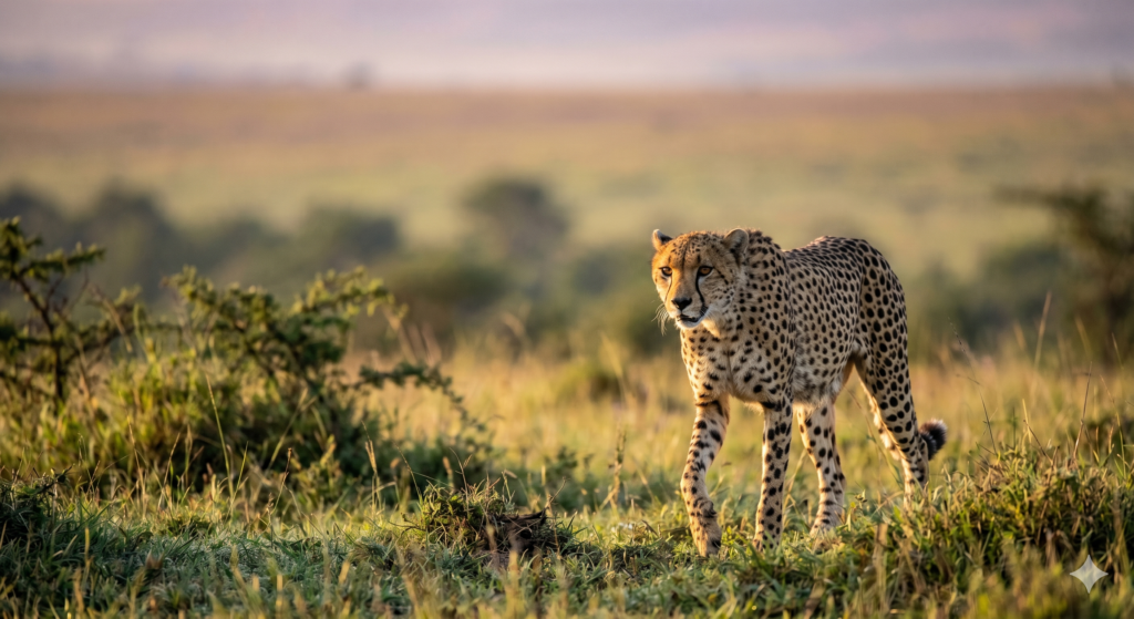 A sharp telephoto image of a cheetah taken from a vibration-free electric safari vehicle at dawn in Maasai Mara National Park