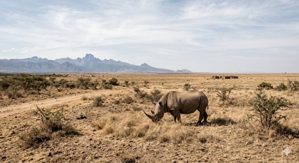 Black rhino grazing in Laikipia conservancy with open dry savanna and distant mountains