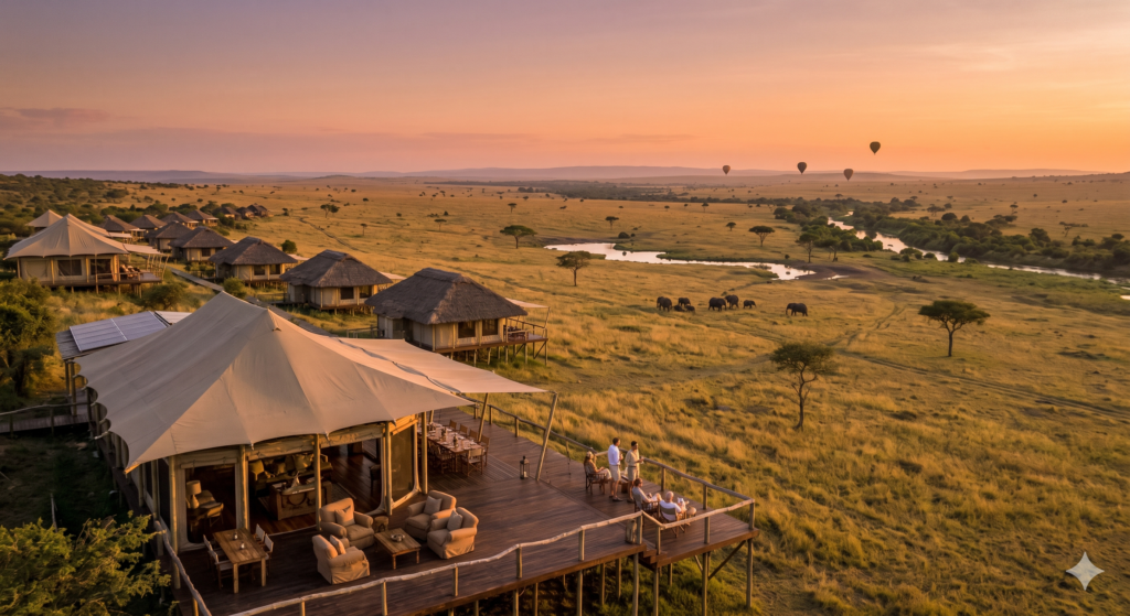 Luxury tented safari camp in the Mara Triangle overlooking the savanna during golden hour