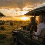 Tourists on a game drive at Maasai Mara watch elephants graze at sunset from an electric safari vehicle, bathed in golden light across the open savanna.