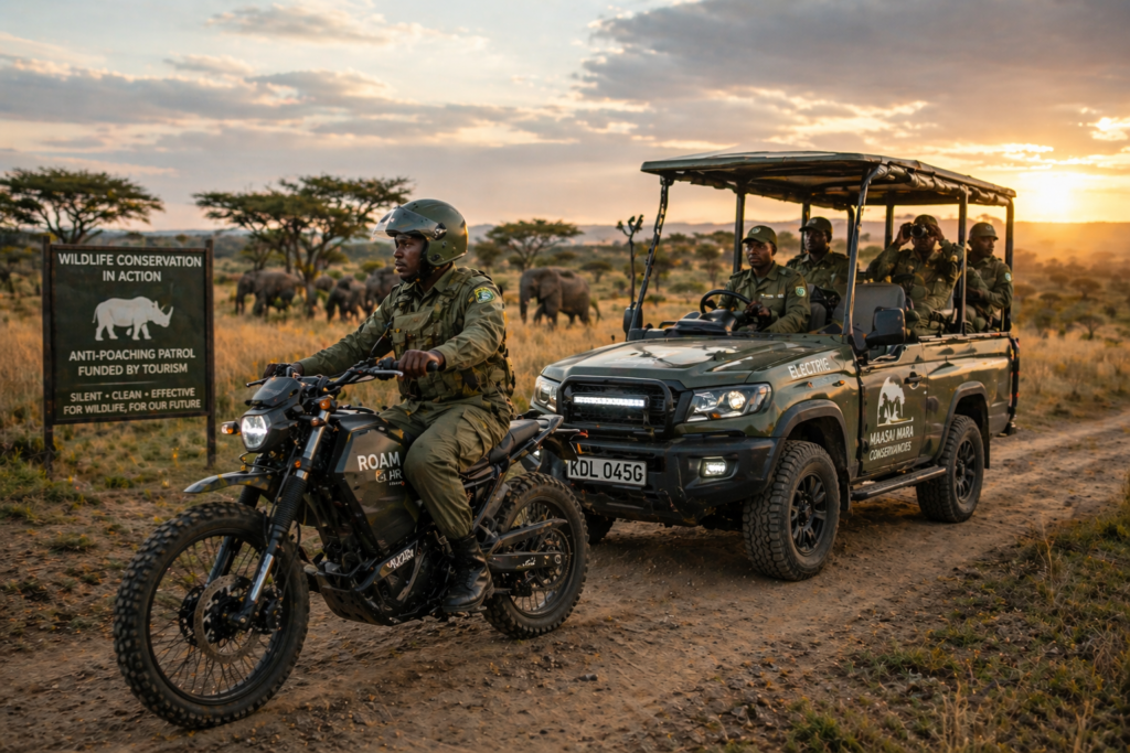 Electric safari vehicle and ranger motorbike used for anti-poaching patrols in Kenya conservation areas