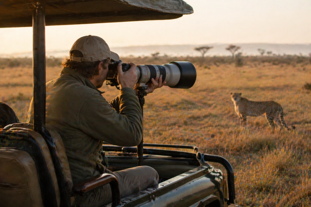 Wildlife photographer using a telephoto lens from a stable electric safari vehicle during an early morning game drive